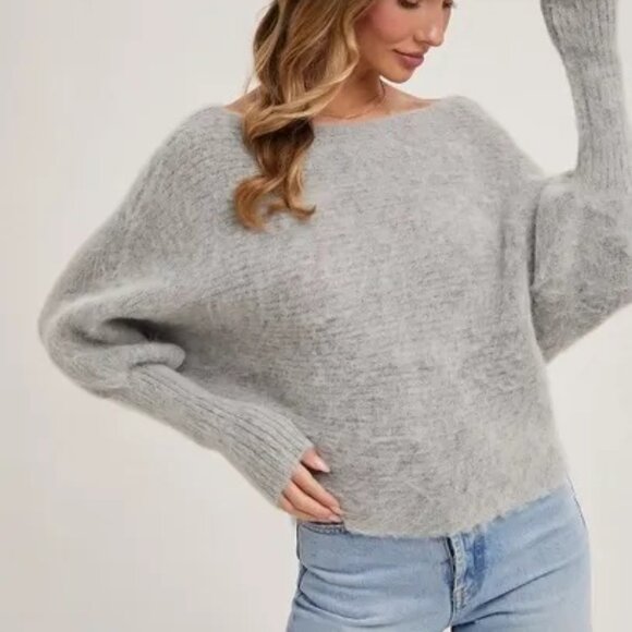 CLEAR OUT!!! Boat Neck Dolman Sleeve Ribbed Fuzzy Knit Sweater - Picture 8 of 10